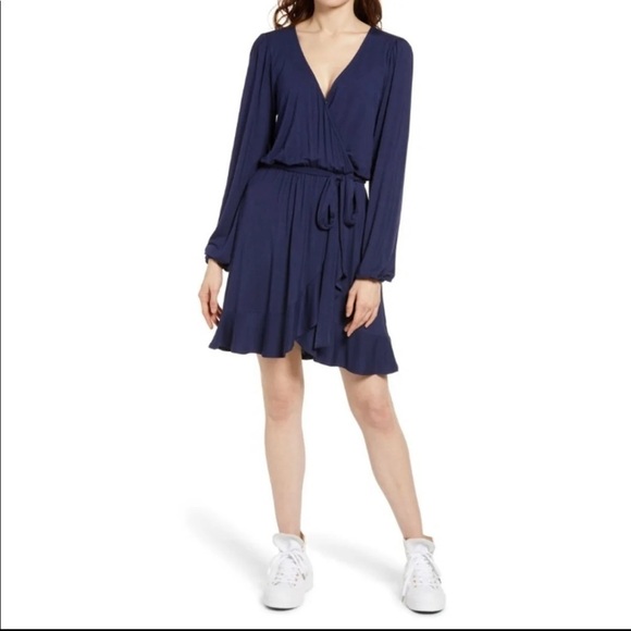 Bp. Large Long Sleeve Wrap Minidress Dress Womens Navy Blue Size Small NWOT - Picture 1 of 10